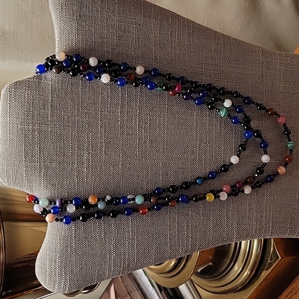 Multi Agate & Black Spinel Beaded 3 Strand Necklace w/Sterling Silver Clasp 18"